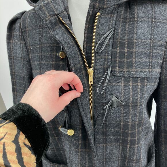 H&M Gray Plaid Wool Blend Hooded Jacket sz 6 Dark Academia Preppy Pleats - Picture 2 of 8